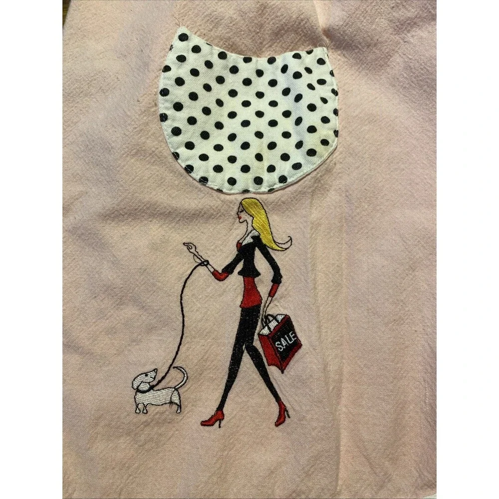 Pink Full Apron W/ Pockets Embroidered Lady Walking Dog Sale Vendor Cooking